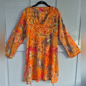 Raj Vibrant Orange and Pink Floral Embroidered Cotton Tunic Side Slits M Boho